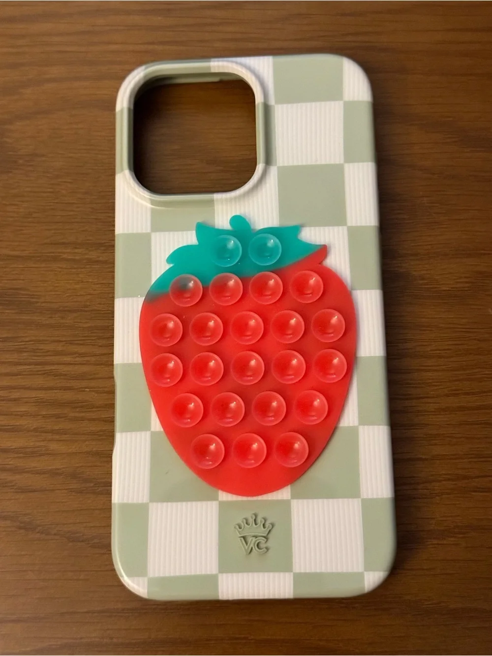 Green Checkered iPhone Case with Red Strawberry Pop-It